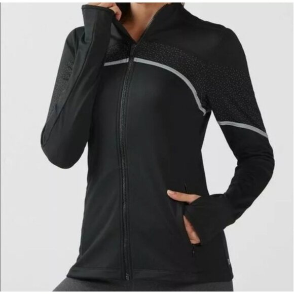 Fabletics Polka Dot Moira Front Zip Jacket Womens Small Black Gym Yoga - Picture 1 of 10